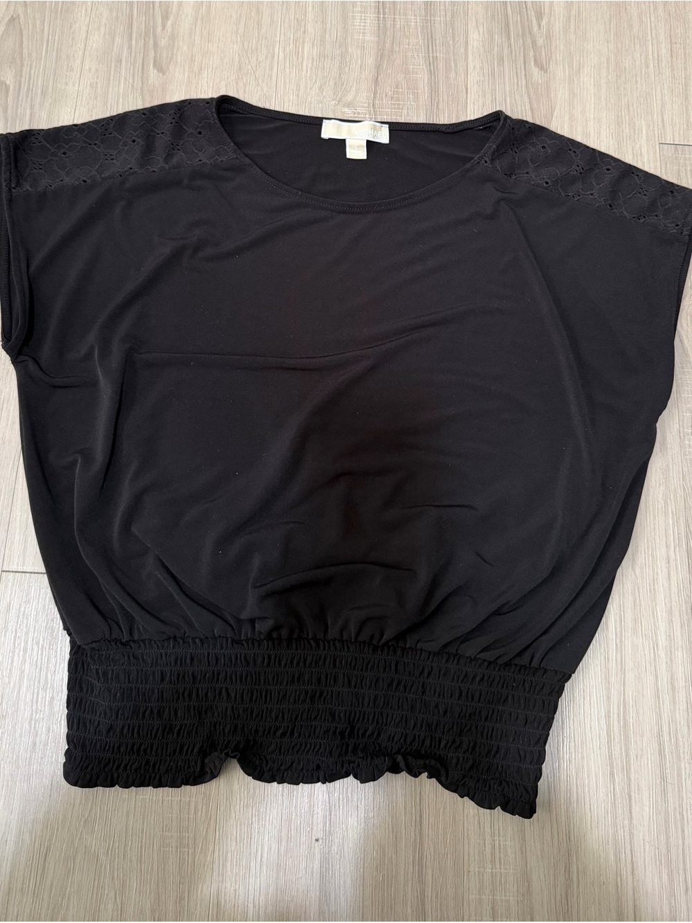 Michael Kors Black Smocked Waist Top Size L Eyelet Shoulder Dolman Blouse